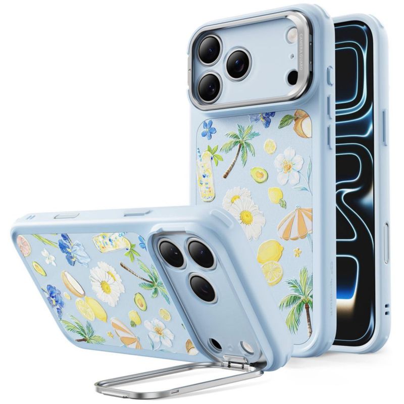 Funda ESR iPhone 17 Pro Max azul claro con soporte flexible y MagSafe