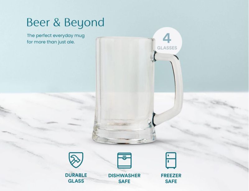 Jarras de Cerveza KooK juego de 4 de 385 ml transparentes con asa