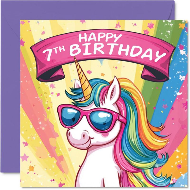 Tarjeta de cumpleaños 7 años con unicornio para niñas – Stuff4