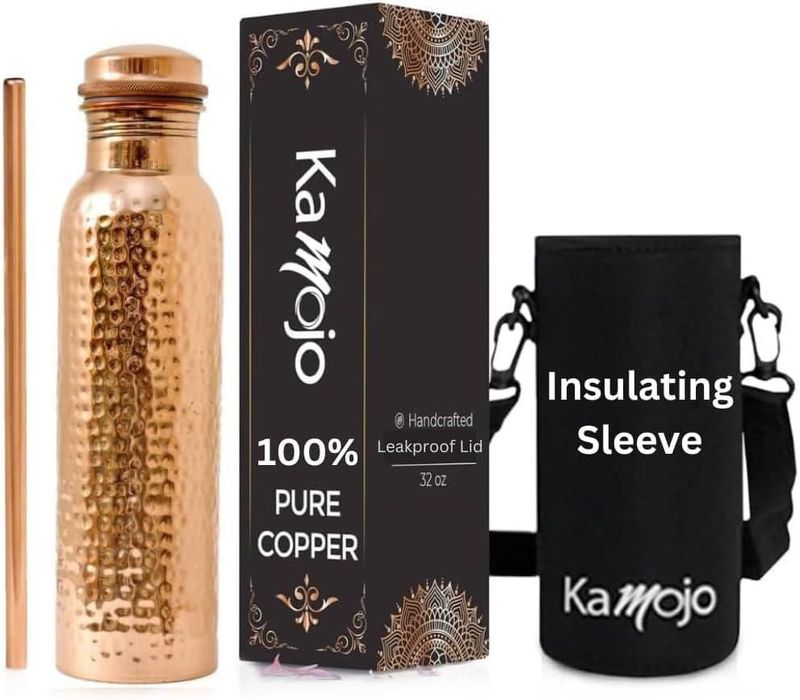 Botella de Agua Kamojo 950 ml de Cobre con Funda y Pajilla