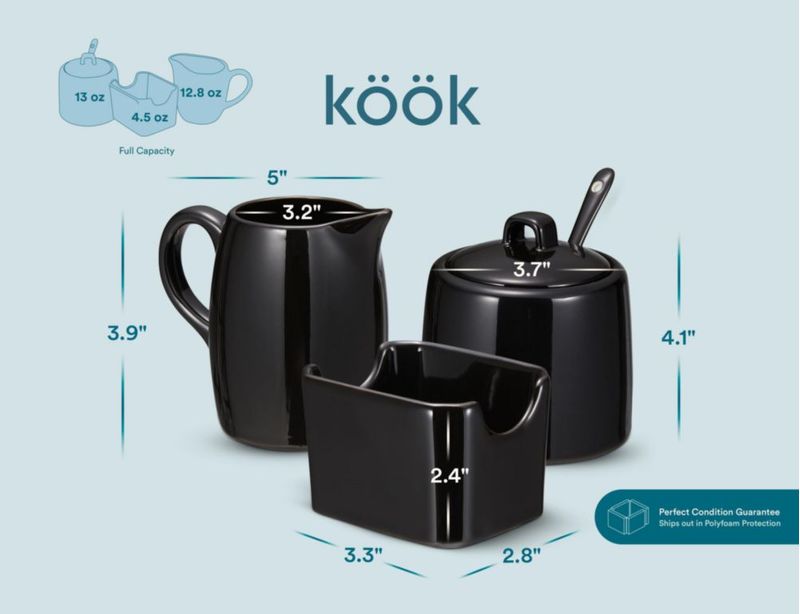 Set de Azúcar KooK de 3 piezas: Jarra y Cuenco negros