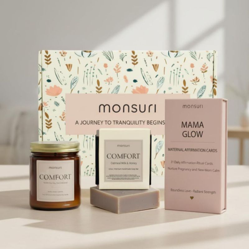Set de Regalo para Mamá Monsuri – Vela de Vainilla Jabón de Avena y Tarjetas de Afirmación (Nuevo)