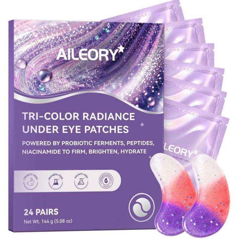 Parches para la zona bajo los ojos AILEORY 24 pares de hidrogel con glitter tricolor