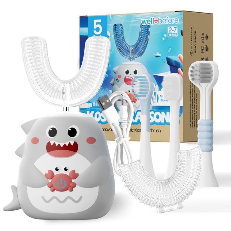 Cepillo de dientes eléctrico Well Before con cabezal en forma de U 2‑7 años IPX7 gris