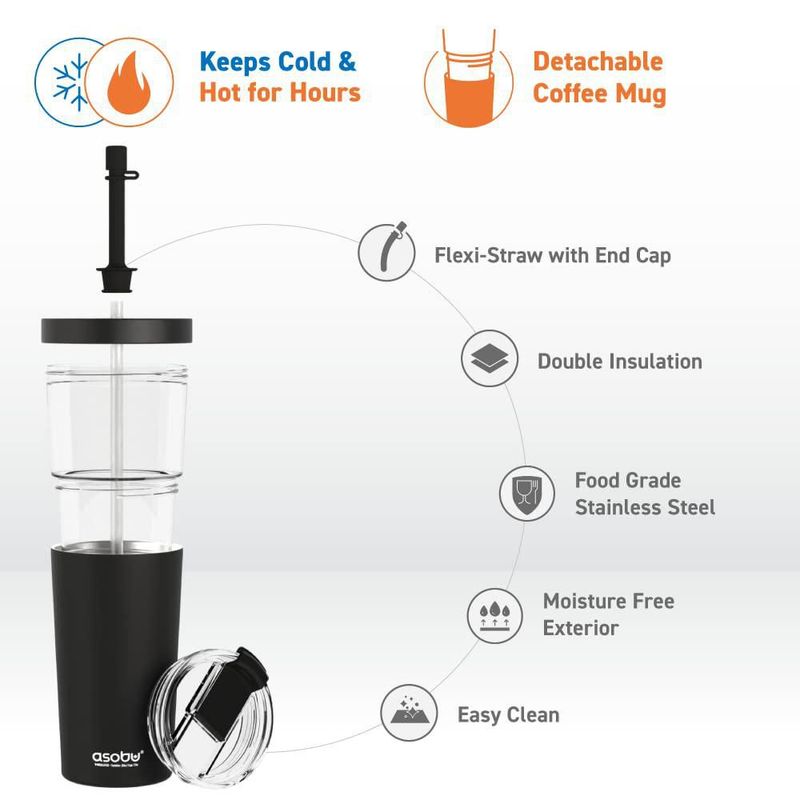 Vaso térmico asobu 800 ml negro con pajilla flexible e aislamiento