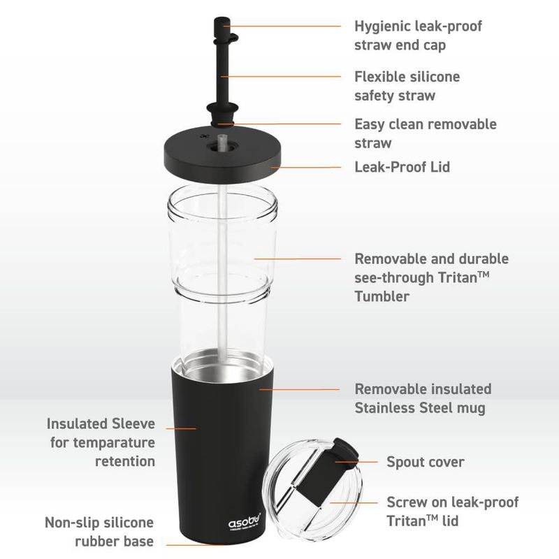 Vaso térmico asobu 800 ml negro con pajilla flexible e aislamiento