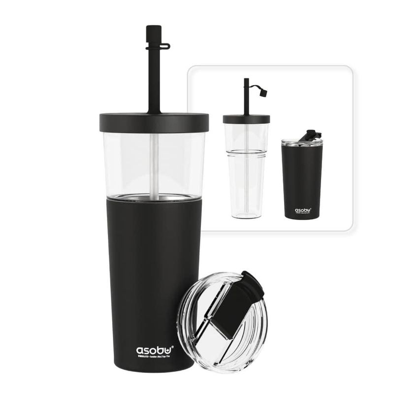 Vaso térmico asobu 800 ml negro con pajilla flexible e aislamiento