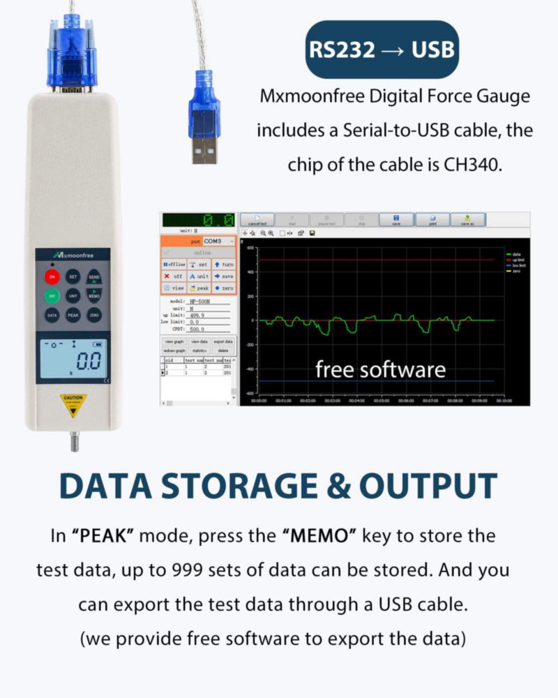 Medidor de Fuerza Digital Mxmoonfree 500N con Salida de Datos USB