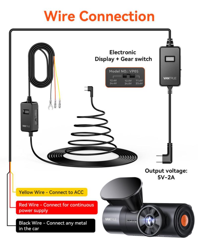 Kit de cableado duro con pantalla USB‑C Vantrue cable de alimentación de 3 etapas para cámara de tablero 116/236 V 12/24 V 124/244 V a 5 V