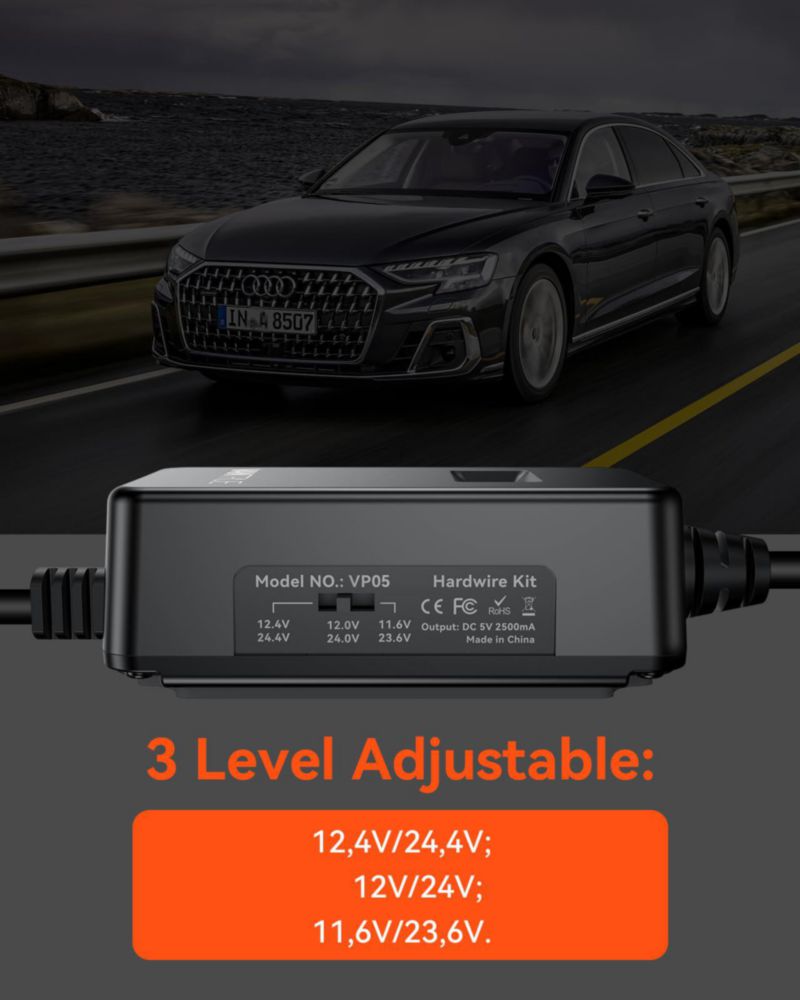 Kit de cableado duro con pantalla USB‑C Vantrue cable de alimentación de 3 etapas para cámara de tablero 116/236 V 12/24 V 124/244 V a 5 V
