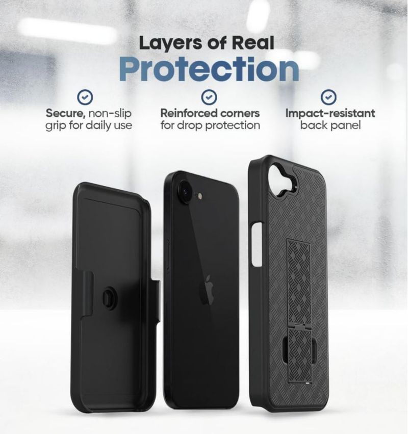 Funda MOTIVE iPhone 17e 6.1\" con soporte y clip de cinturón giratorio 360°