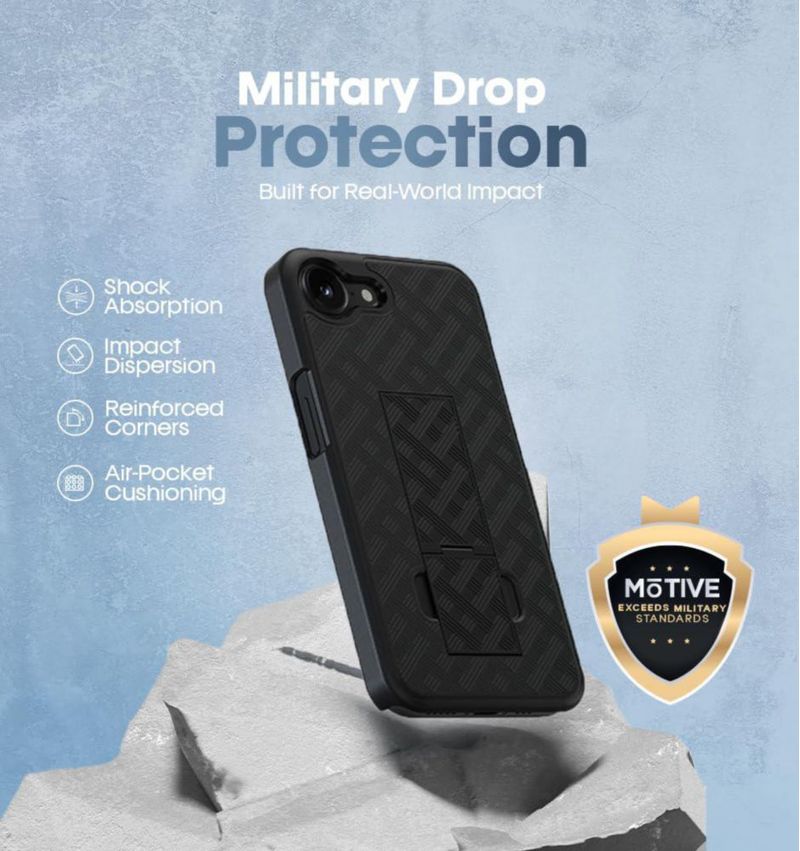Funda MOTIVE iPhone 17e 6.1\" con soporte y clip de cinturón giratorio 360°