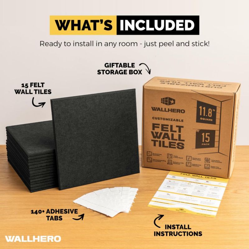 Tablero de corcho WallHero grande de 150 x 90 cm con 15 azulejos de fieltro