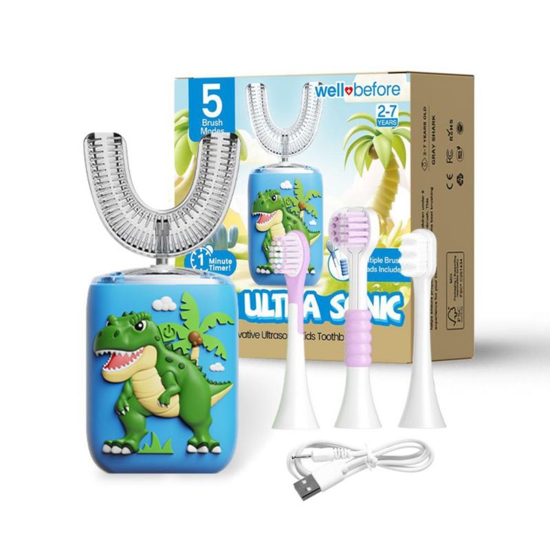 Cepillo de dientes eléctrico Well Before con diseño en U para niños de 2 a 7 años 5 modos IPX7 verde
