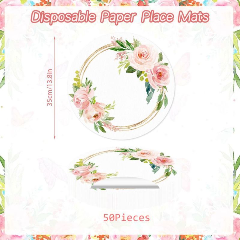 Paquete de 50 manteles individuales de papel desechables rosa con diseño floral de rosas 35 cm de diámetro manteles redondos para bodas cumpleaños
