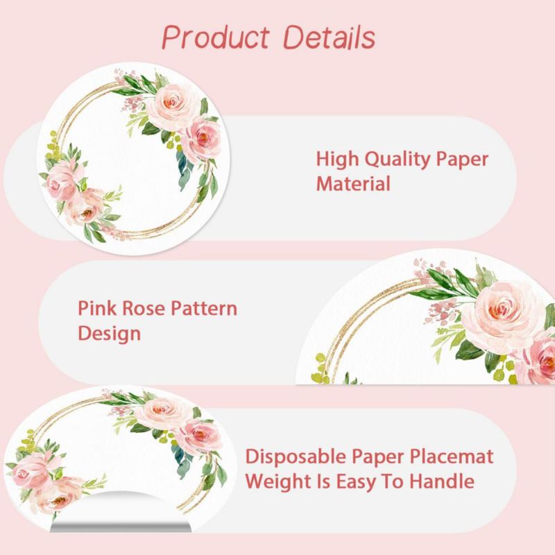 Paquete de 50 manteles individuales de papel desechables rosa con diseño floral de rosas 35 cm de diámetro manteles redondos para bodas cumpleaños