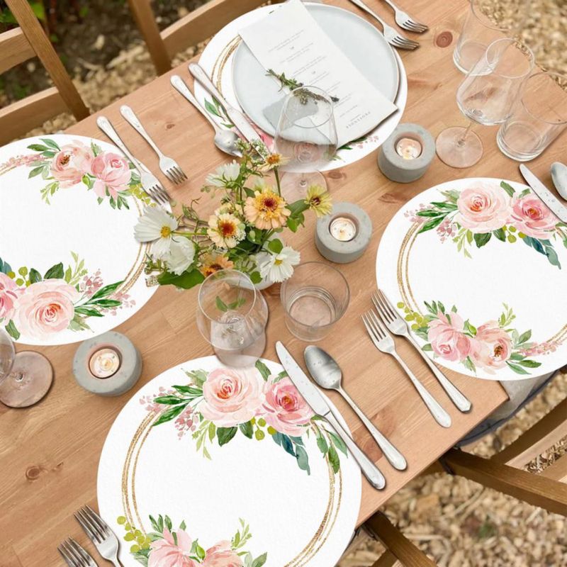Paquete de 50 manteles individuales de papel desechables rosa con diseño floral de rosas 35 cm de diámetro manteles redondos para bodas cumpleaños
