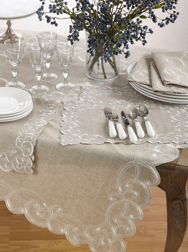 Mantel SARO LIFESTYLE 170 cm Natural con diseño de concha bordada