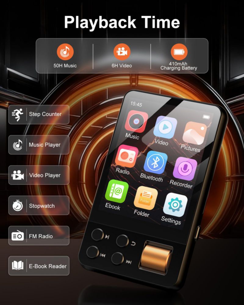 Reproductor MP3 AGXOV 128 GB Bluetooth 5.4 Sonido Hi‑Fi