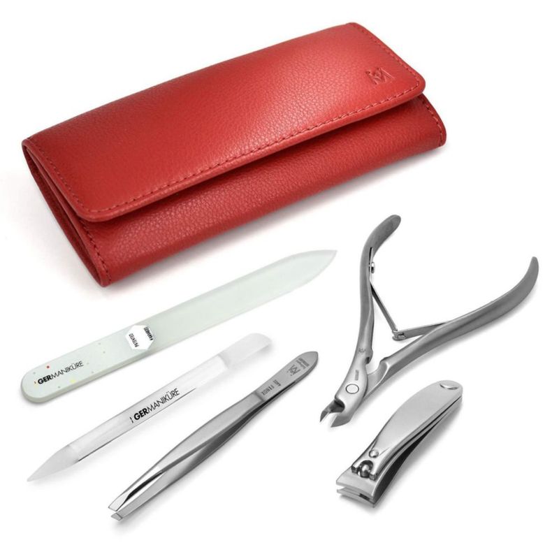 Cortaúñas GERMANIKURE 5 pzas con estuche de cuero rojo