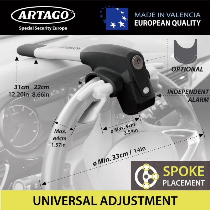 Candado para volante Artago 870 con alarma de 120 dB y LED