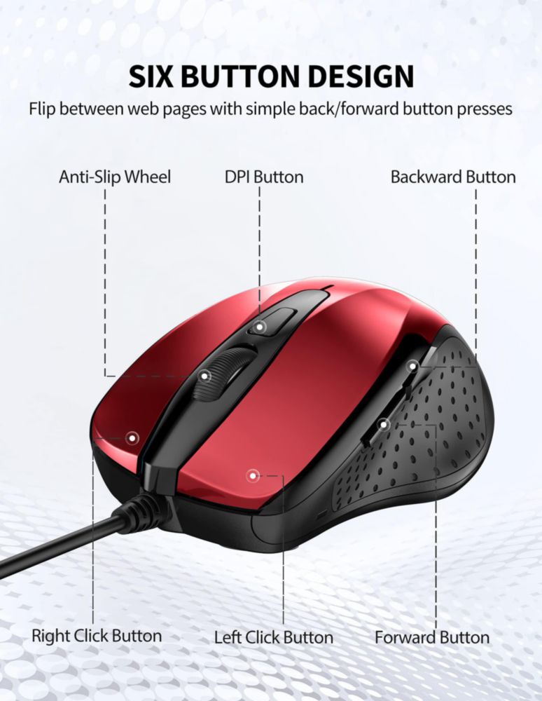 Ratón TECKNET con cable 6 botones 4 niveles DPI rojo