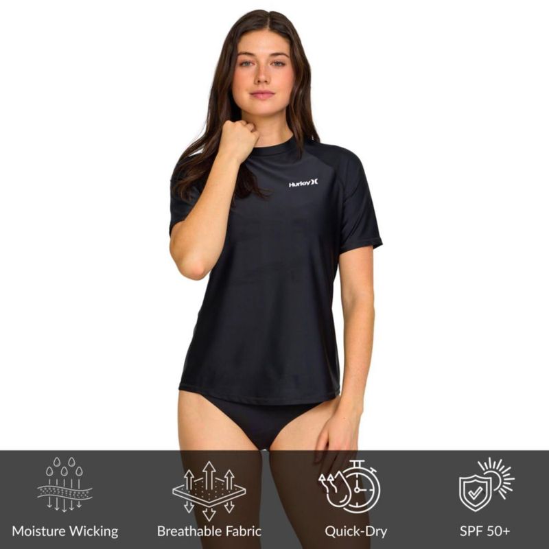 Hurley Rash Guard Mujer UPF 50+ Negro de Manga Corta