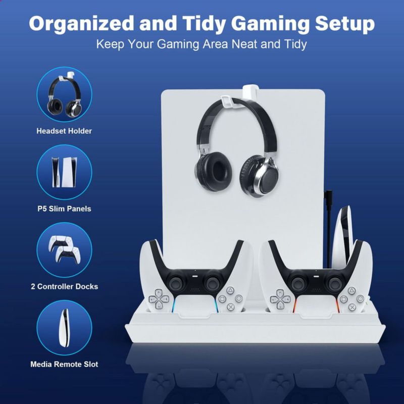 Soporte para PS5 fivtek con ventilador de refrigeración y cargador de controladores – Blanco