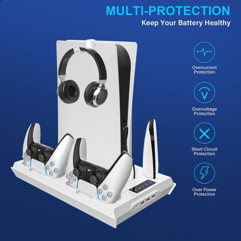 Soporte para PS5 fivtek con ventilador de refrigeración y cargador de controladores – Blanco