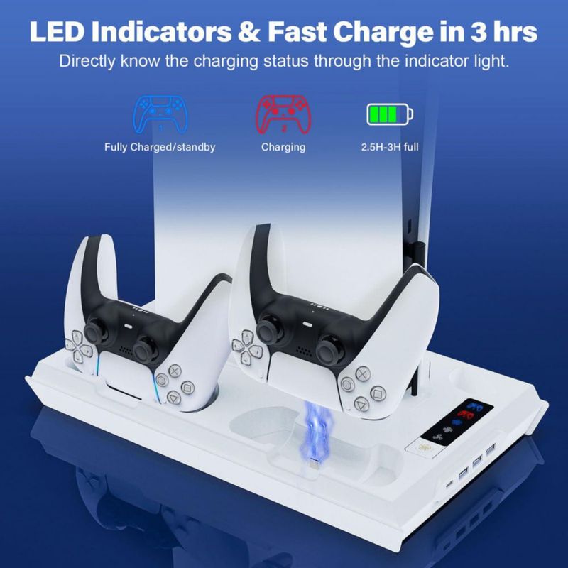 Soporte para PS5 fivtek con ventilador de refrigeración y cargador de controladores – Blanco