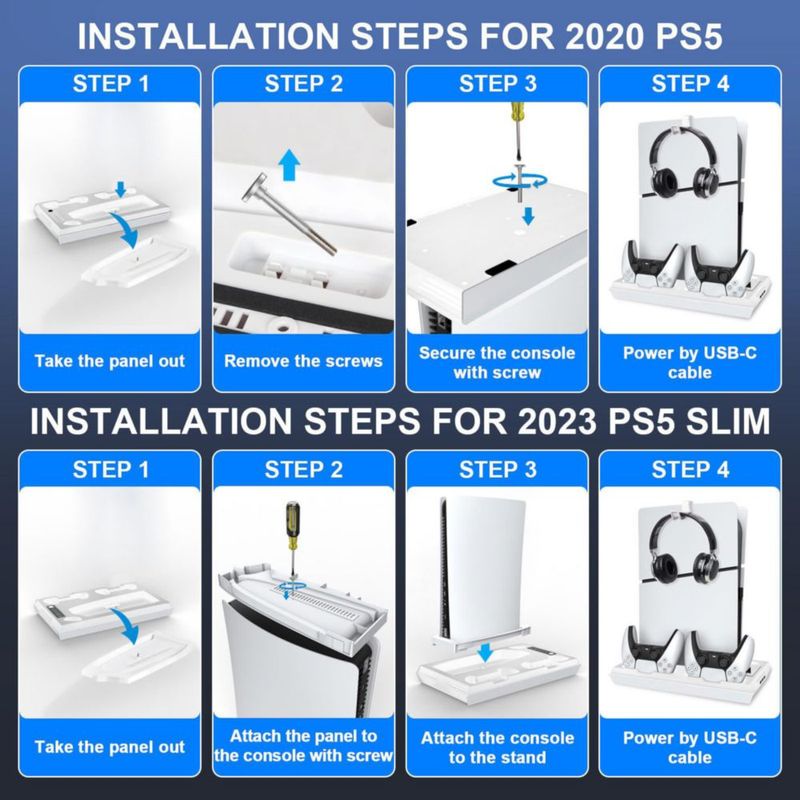 Soporte para PS5 fivtek con ventilador de refrigeración y cargador de controladores – Blanco