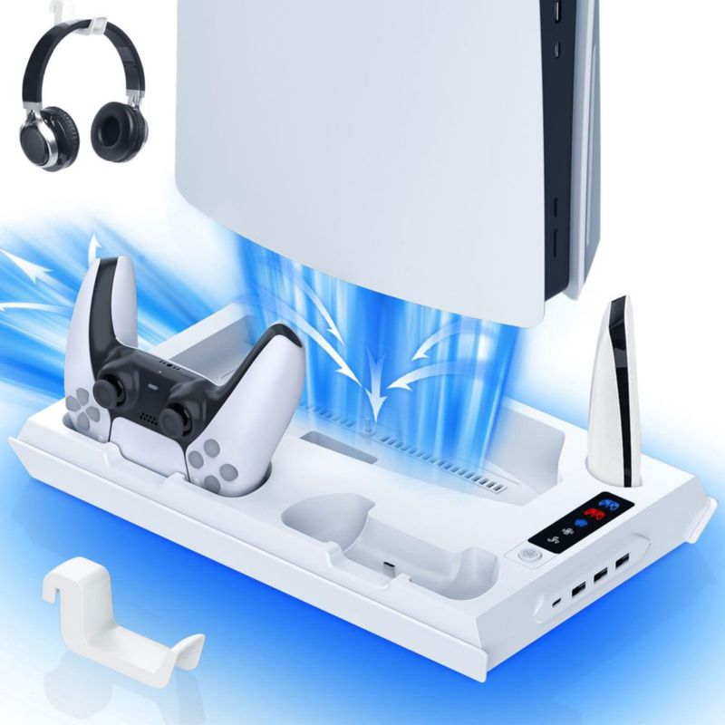 Soporte para PS5 fivtek con ventilador de refrigeración y cargador de controladores – Blanco