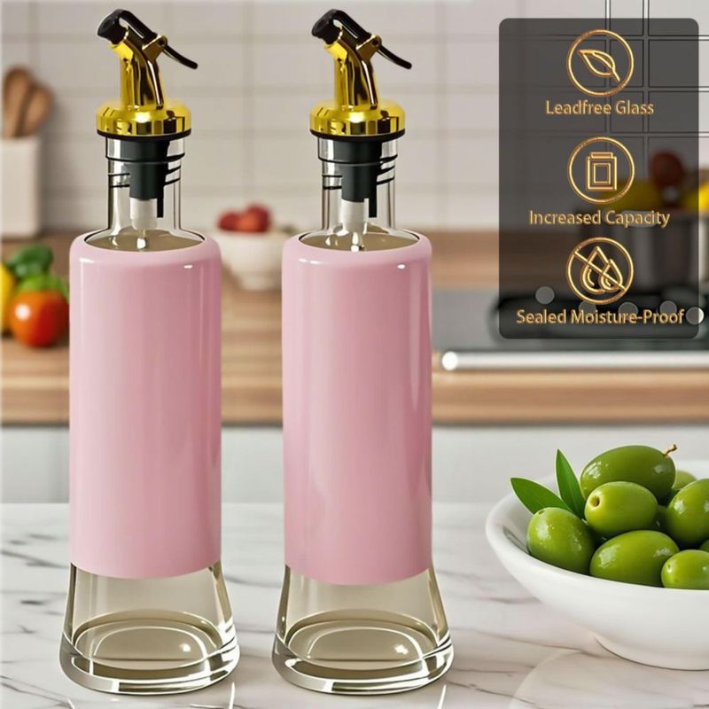 Botella dispensadora de aceite de oliva Miao’er para cocina set de 2 pico dorado anti‑goteo y a prueba de fugas operable con una mano con embudo rosa