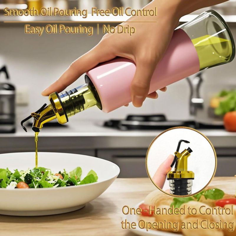 Botella dispensadora de aceite de oliva Miao’er para cocina set de 2 pico dorado anti‑goteo y a prueba de fugas operable con una mano con embudo rosa