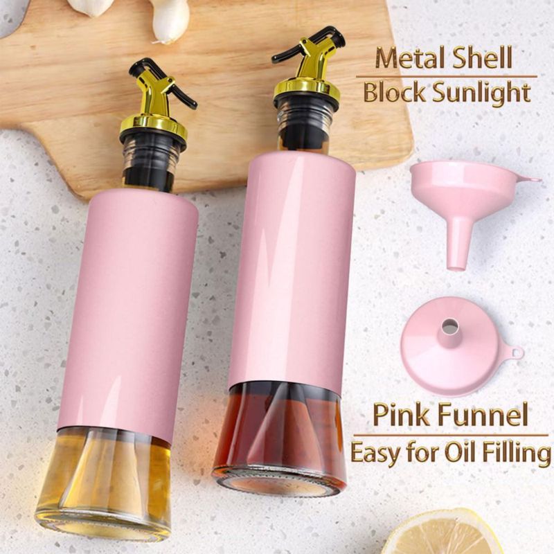Botella dispensadora de aceite de oliva Miao’er para cocina set de 2 pico dorado anti‑goteo y a prueba de fugas operable con una mano con embudo rosa
