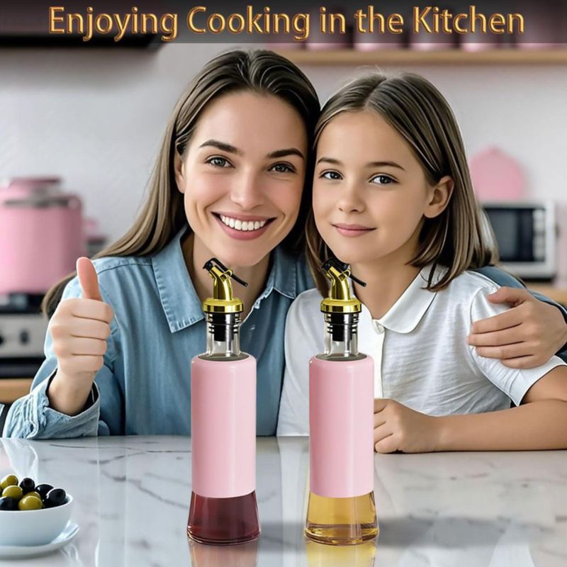 Botella dispensadora de aceite de oliva Miao’er para cocina set de 2 pico dorado anti‑goteo y a prueba de fugas operable con una mano con embudo rosa