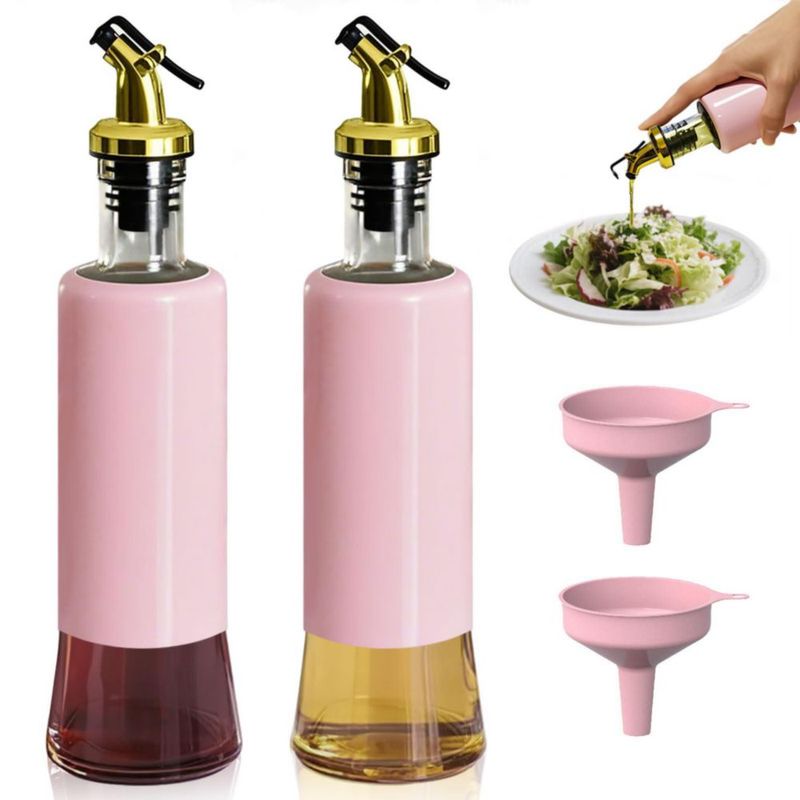Botella dispensadora de aceite de oliva Miao’er para cocina set de 2 pico dorado anti‑goteo y a prueba de fugas operable con una mano con embudo rosa