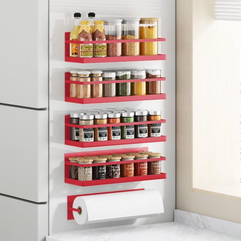 Roysili Estante Magnético para Especias para Refrigerador Estante Ahorrador de Espacio para Nevera Pack de 4 en Rojo con Soporte Magnético para Papel