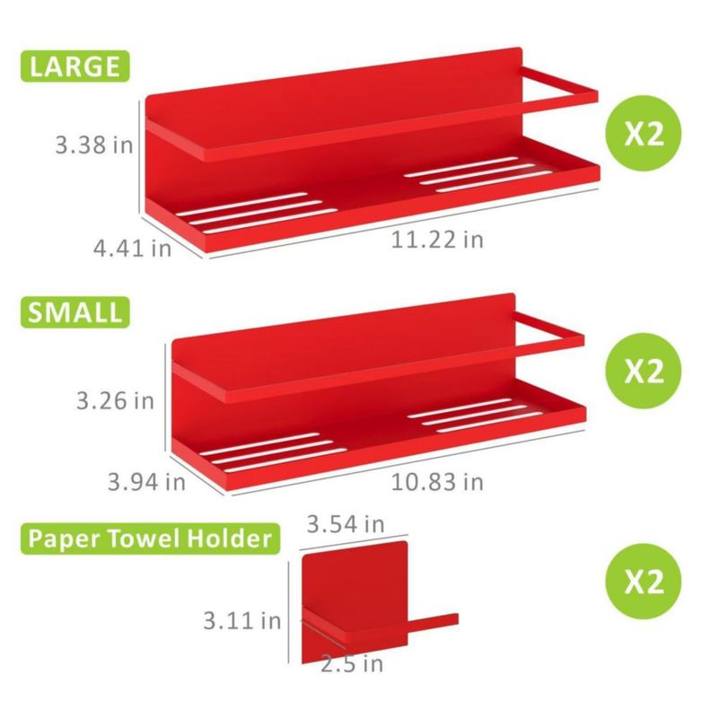 Roysili Estante Magnético para Especias para Refrigerador Estante Ahorrador de Espacio para Nevera Pack de 4 en Rojo con Soporte Magnético para Papel