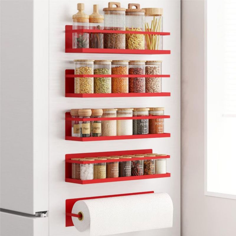 Roysili Estante Magnético para Especias para Refrigerador Estante Ahorrador de Espacio para Nevera Pack de 4 en Rojo con Soporte Magnético para Papel