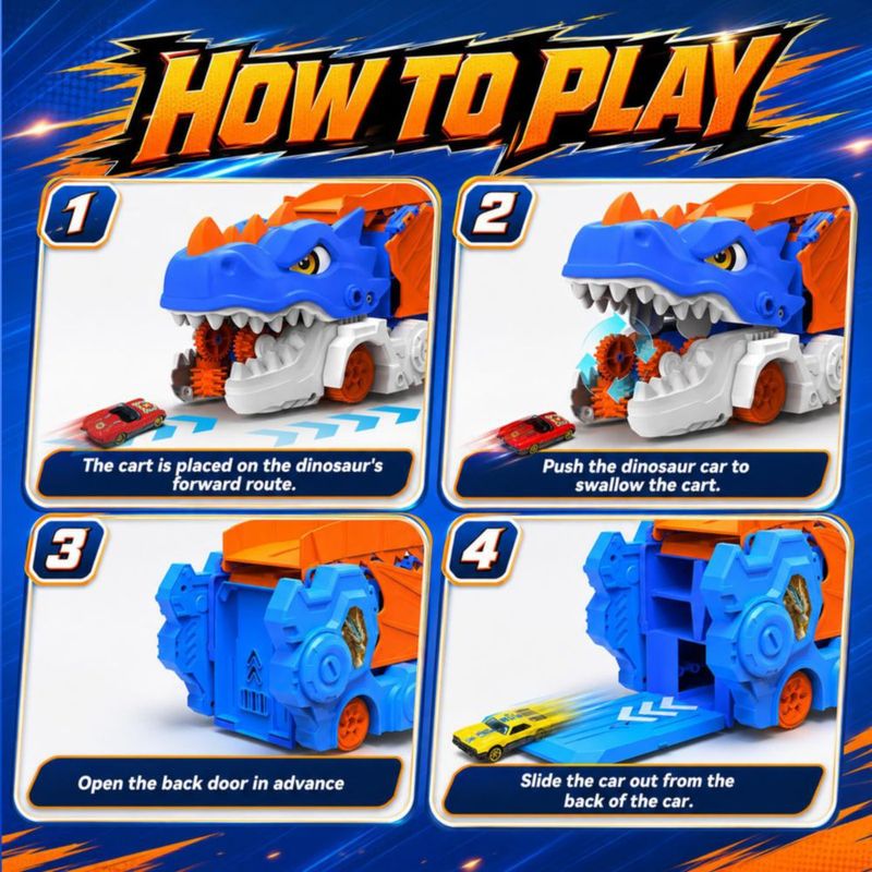 Set de vehículos de juguete VATOS: Camión dinosaurio con 6 coches