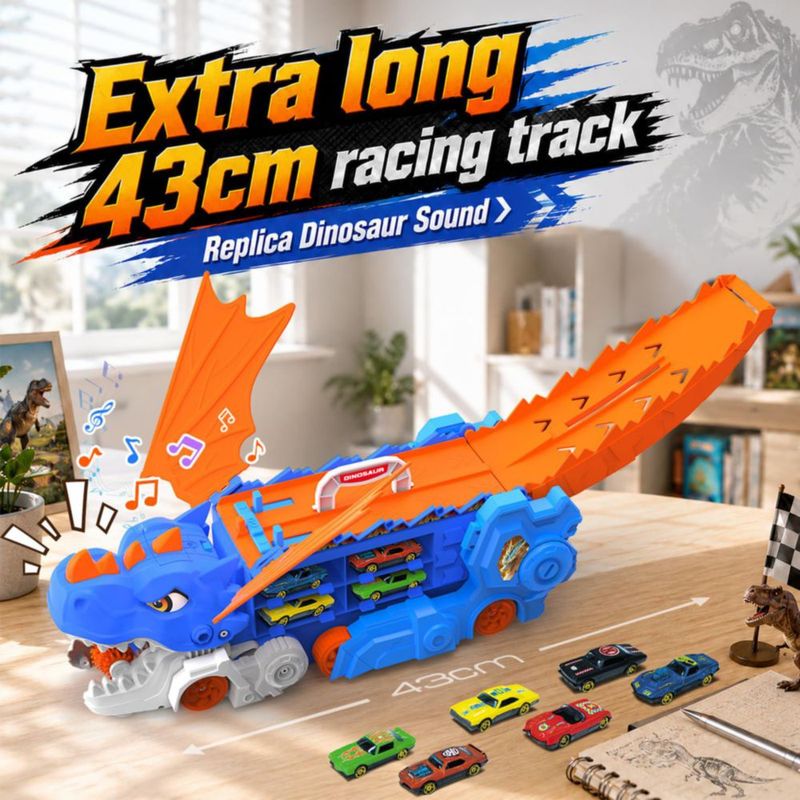 Set de vehículos de juguete VATOS: Camión dinosaurio con 6 coches