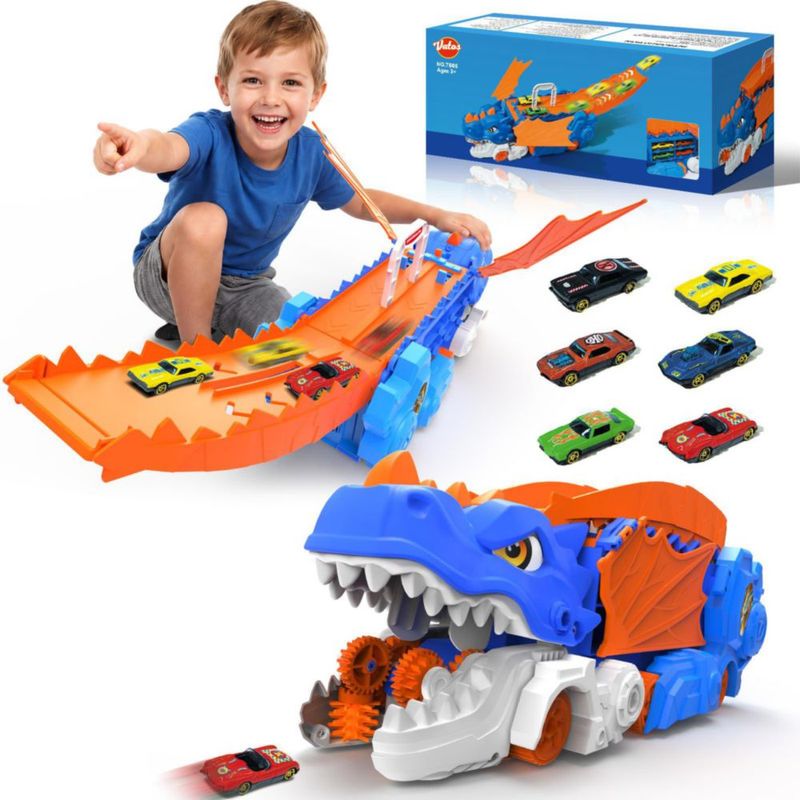 Set de vehículos de juguete VATOS: Camión dinosaurio con 6 coches