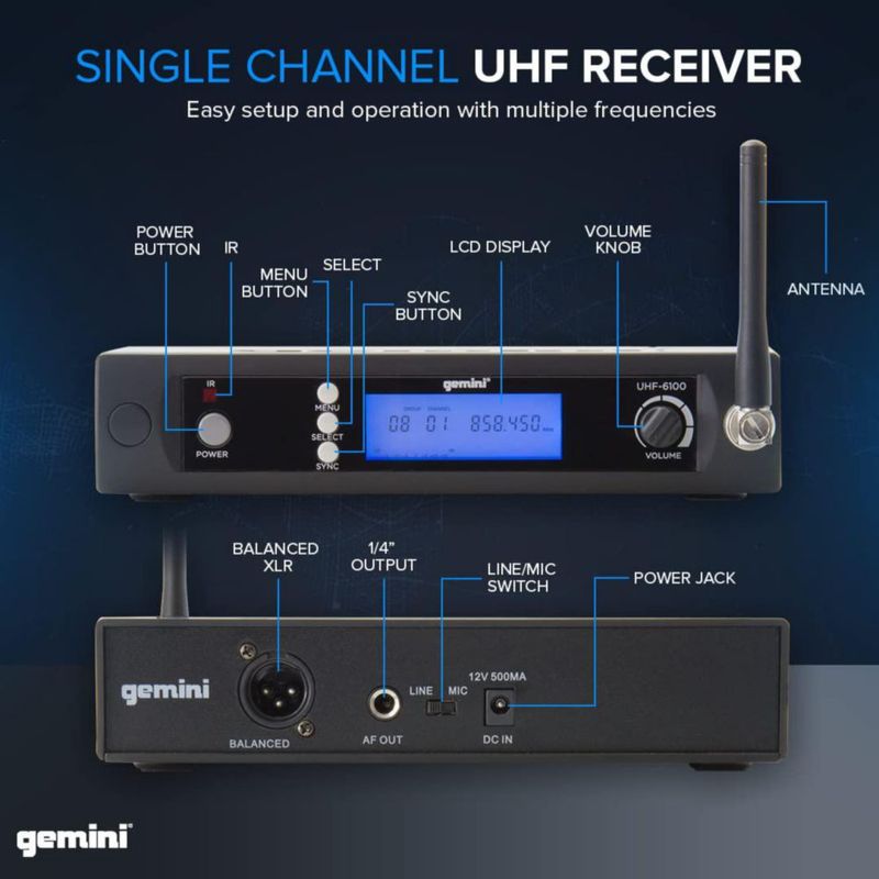 Micrófono Gemini UHF-6100M-R2 256 canales 73 m