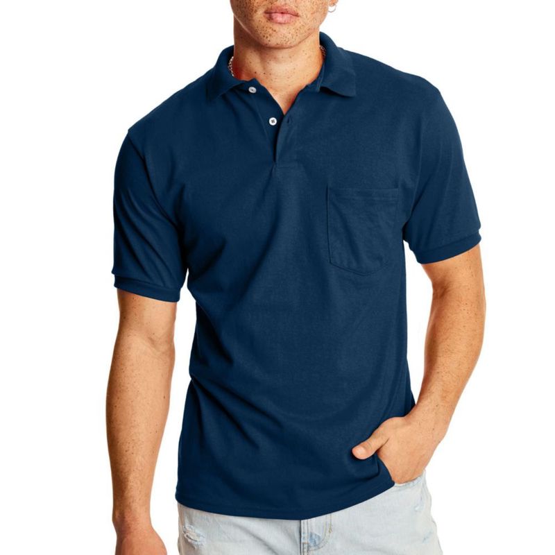 Camisa Polo Hanes de Manga Corta con Bolsillo de Jersey para Hombre Azul Marino 3XL