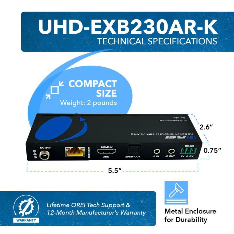 OREI Extensor HDMI Cat7 70 m (230 pies) HDBaseT 4K2K@60Hz IR bidireccional HDR ARC PoC