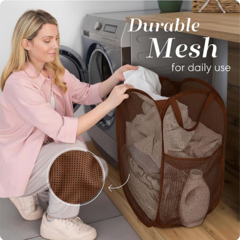 Cesto de ropa plegable de malla con bolsillo lateral