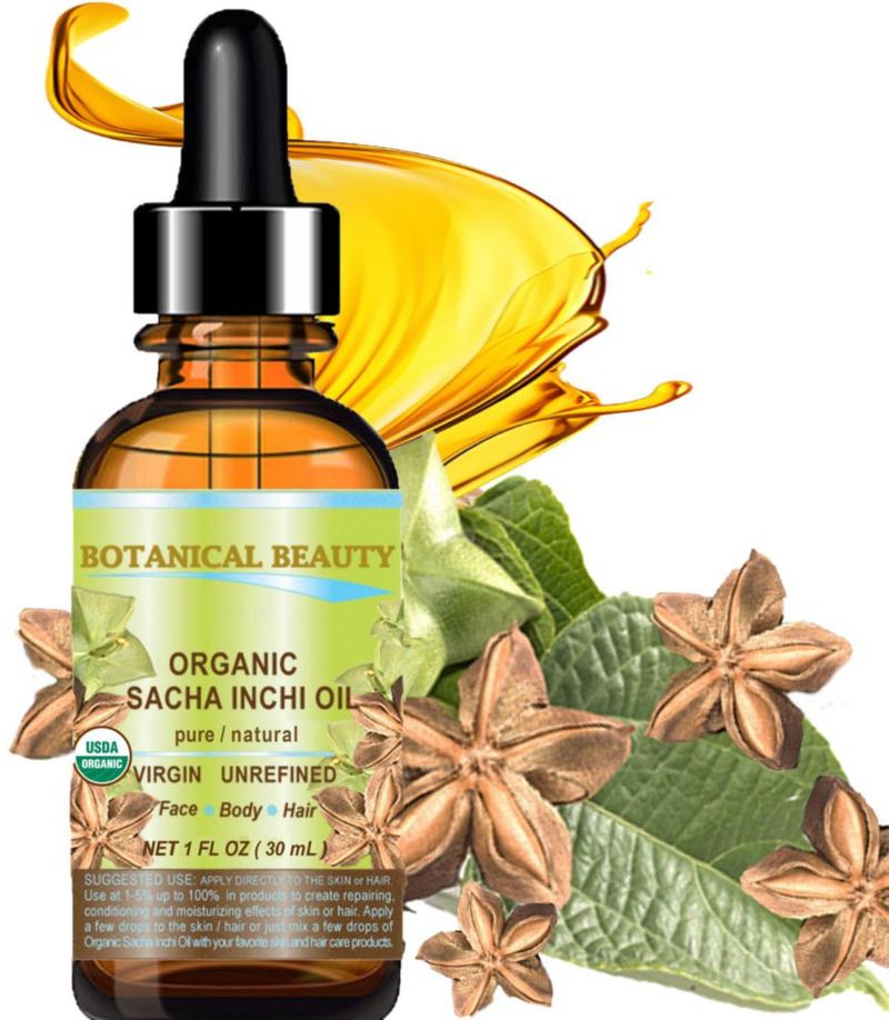 Aceite Orgánico de Sacha Inchi Botanical Beauty 100 % Natural Puro Virgen No Refinado Prensado en Frío Portador Certificado Orgánico para Cara Piel