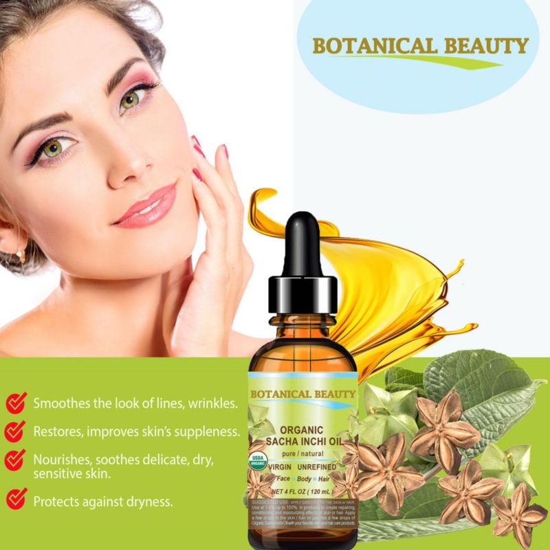 Aceite Orgánico de Sacha Inchi Botanical Beauty 100 % Natural Puro Virgen No Refinado Prensado en Frío Portador Certificado Orgánico para Cara Piel