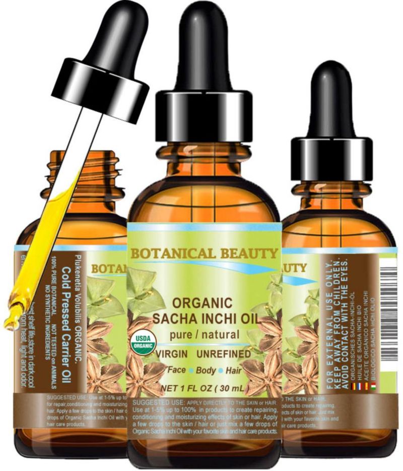 Aceite Orgánico de Sacha Inchi Botanical Beauty 100 % Natural Puro Virgen No Refinado Prensado en Frío Portador Certificado Orgánico para Cara Piel